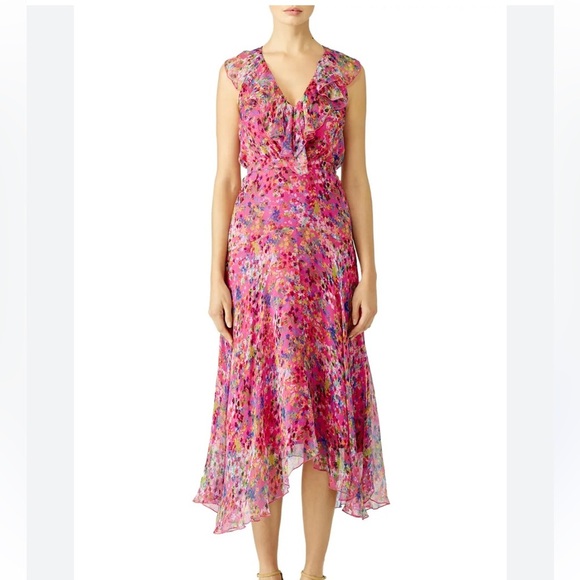 Saloni Silk Floral Pink Ruffle Midi Dress - Picture 1 of 11